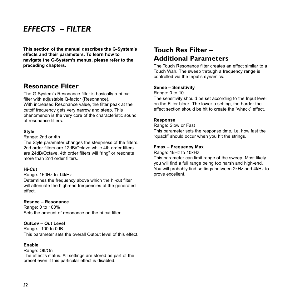 Effects – filter, Touch res filter – additional parameters, Resonance filter | TC Electronic G-System User Manual | Page 54 / 81