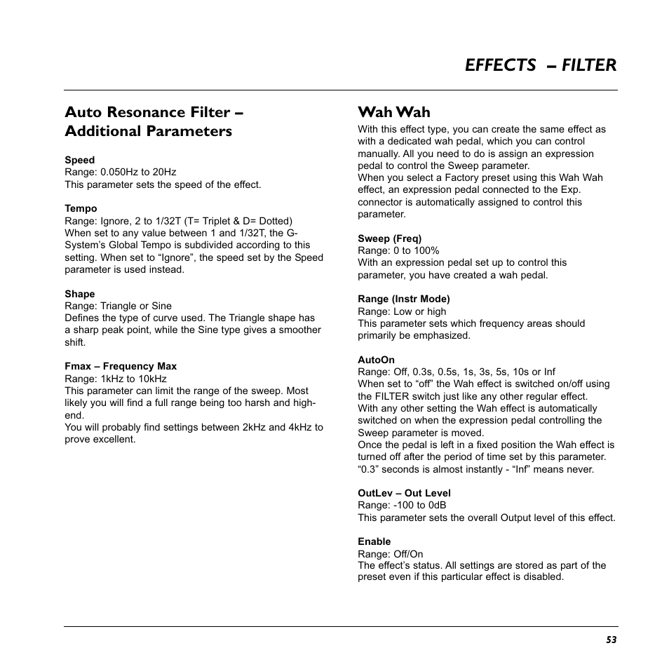 Effects – filter, Auto resonance filter – additional parameters, Wah wah | TC Electronic G-System User Manual | Page 55 / 81