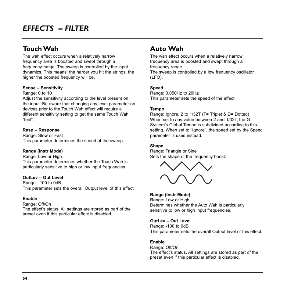 Effects – filter, Auto wah, Touch wah | TC Electronic G-System User Manual | Page 56 / 81