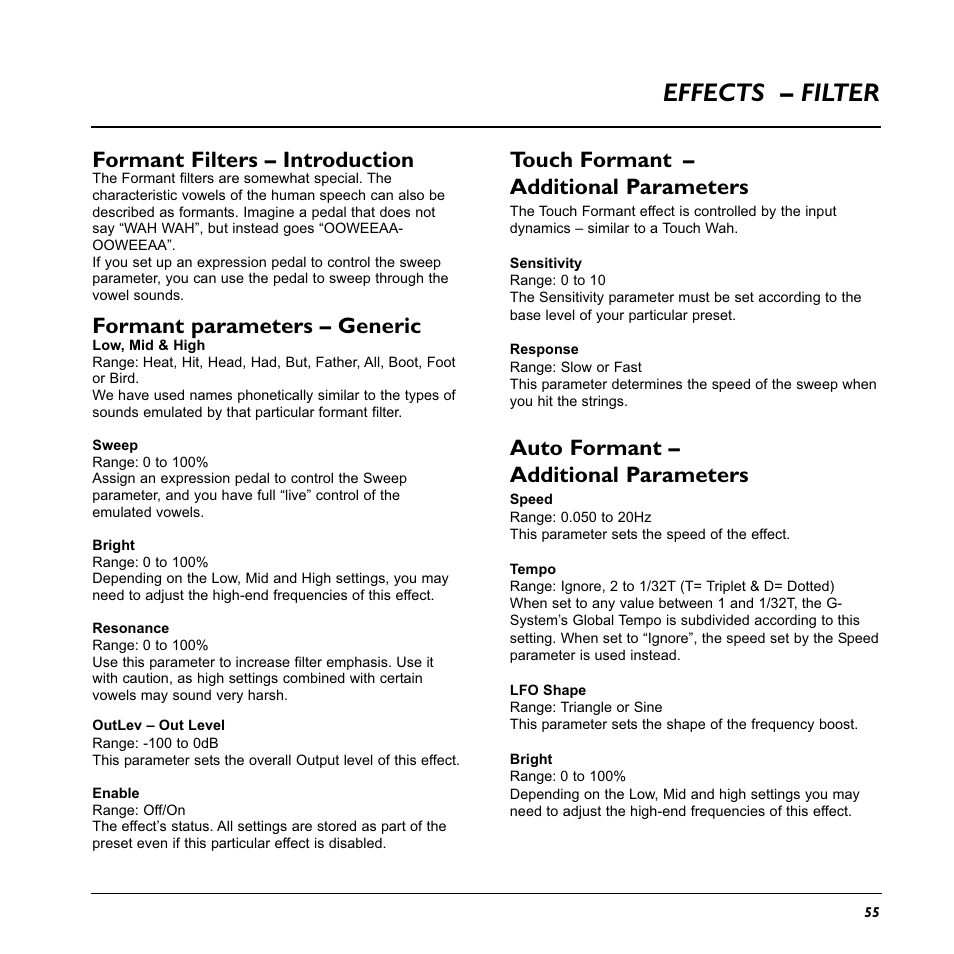 Effects – filter, Touch formant – additional parameters, Auto formant – additional parameters | Formant filters – introduction, Formant parameters – generic | TC Electronic G-System User Manual | Page 57 / 81