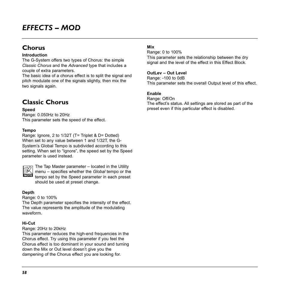 Effects – mod, Chorus, Classic chorus | TC Electronic G-System User Manual | Page 60 / 81