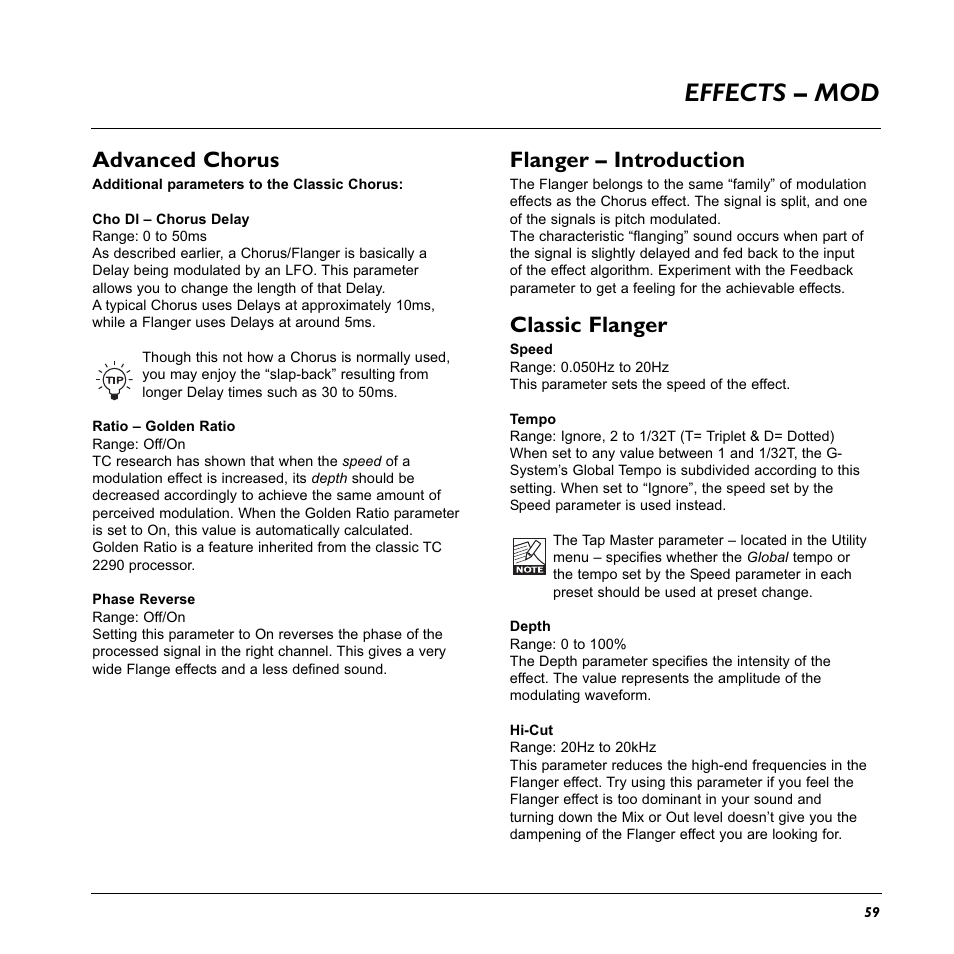 Effects – mod, Advanced chorus, Flanger – introduction | Classic flanger | TC Electronic G-System User Manual | Page 61 / 81