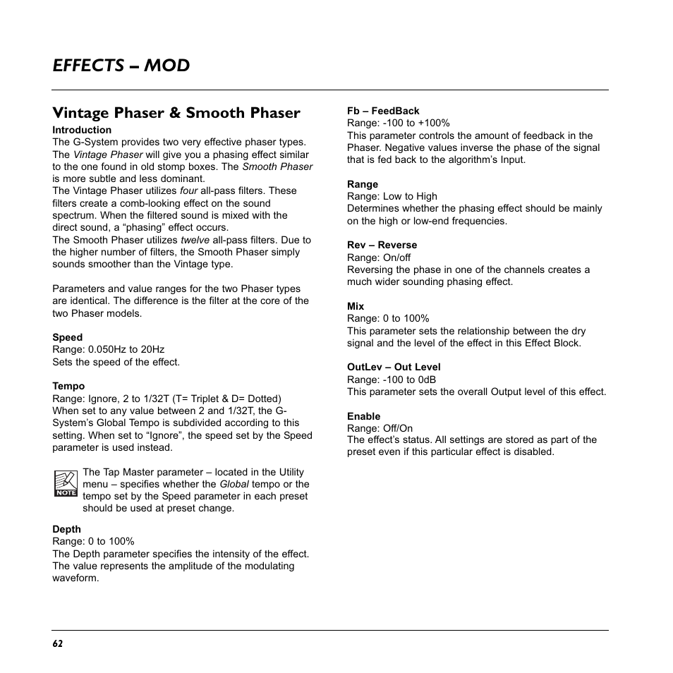 Effects – mod, Vintage phaser & smooth phaser | TC Electronic G-System User Manual | Page 64 / 81