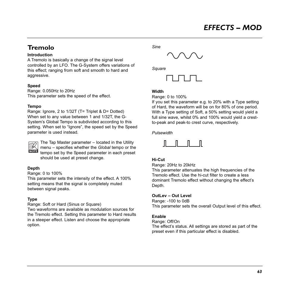 Effects – mod, Tremolo | TC Electronic G-System User Manual | Page 65 / 81