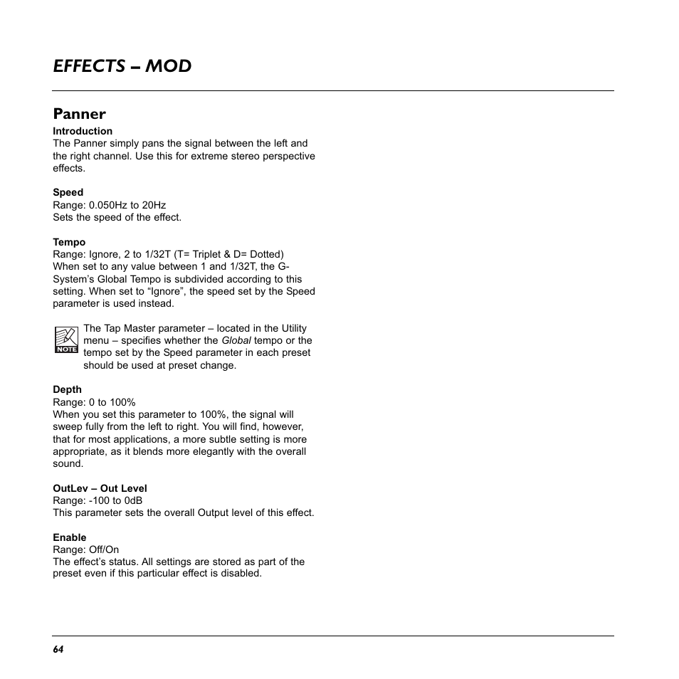 Effects – mod, Panner | TC Electronic G-System User Manual | Page 66 / 81