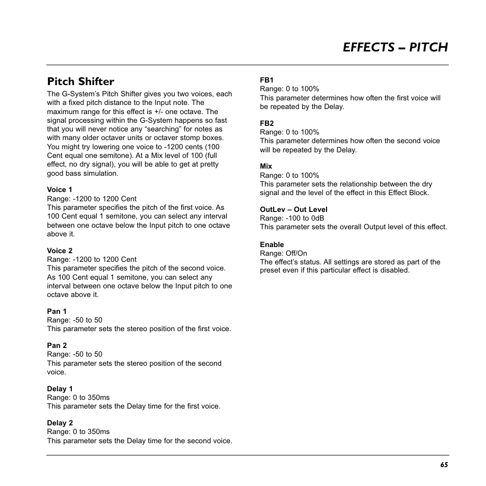 Effects – pitch, Pitch shifter | TC Electronic G-System User Manual | Page 67 / 81