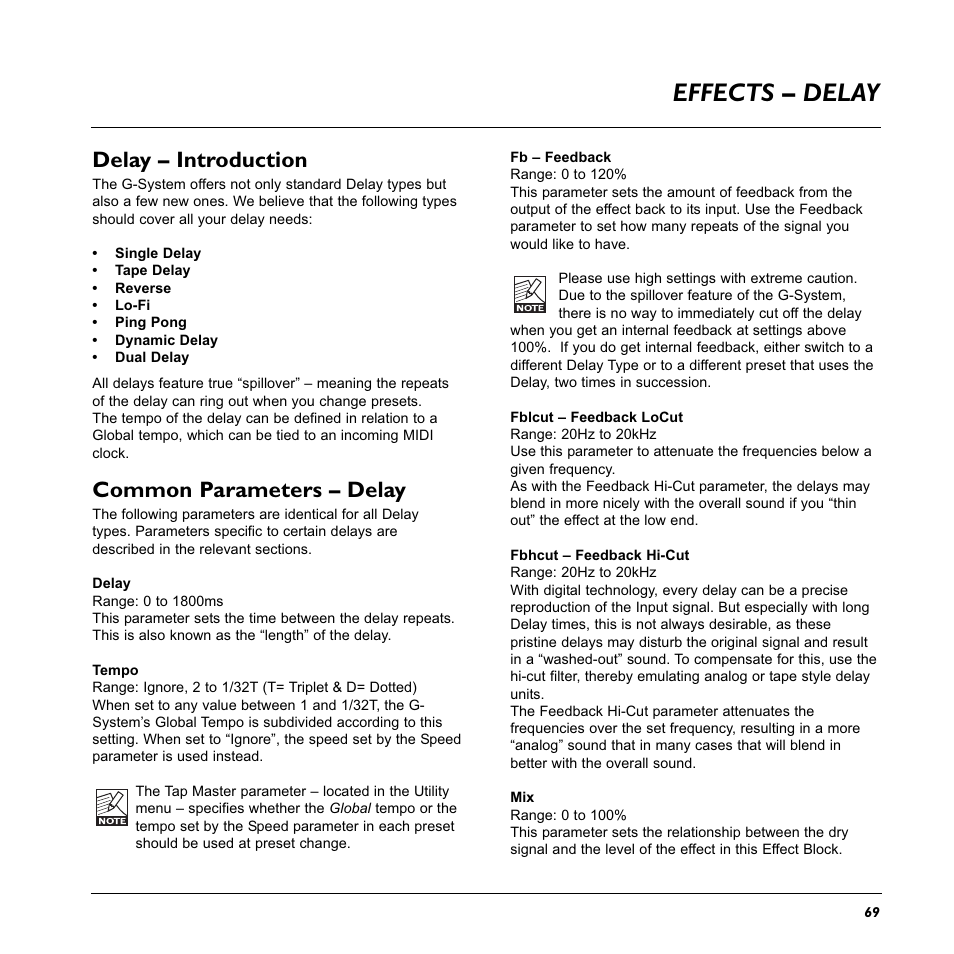 Effects – delay, Delay – introduction, Common parameters – delay | TC Electronic G-System User Manual | Page 71 / 81