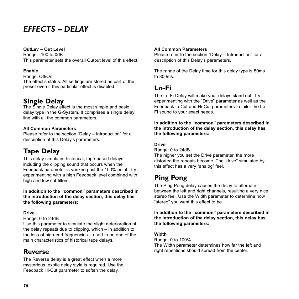 Effects – delay, Single delay, Tape delay | Reverse, Lo-fi, Ping pong | TC Electronic G-System User Manual | Page 72 / 81