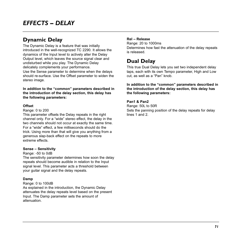 Effects – delay, Dual delay, Dynamic delay | TC Electronic G-System User Manual | Page 73 / 81