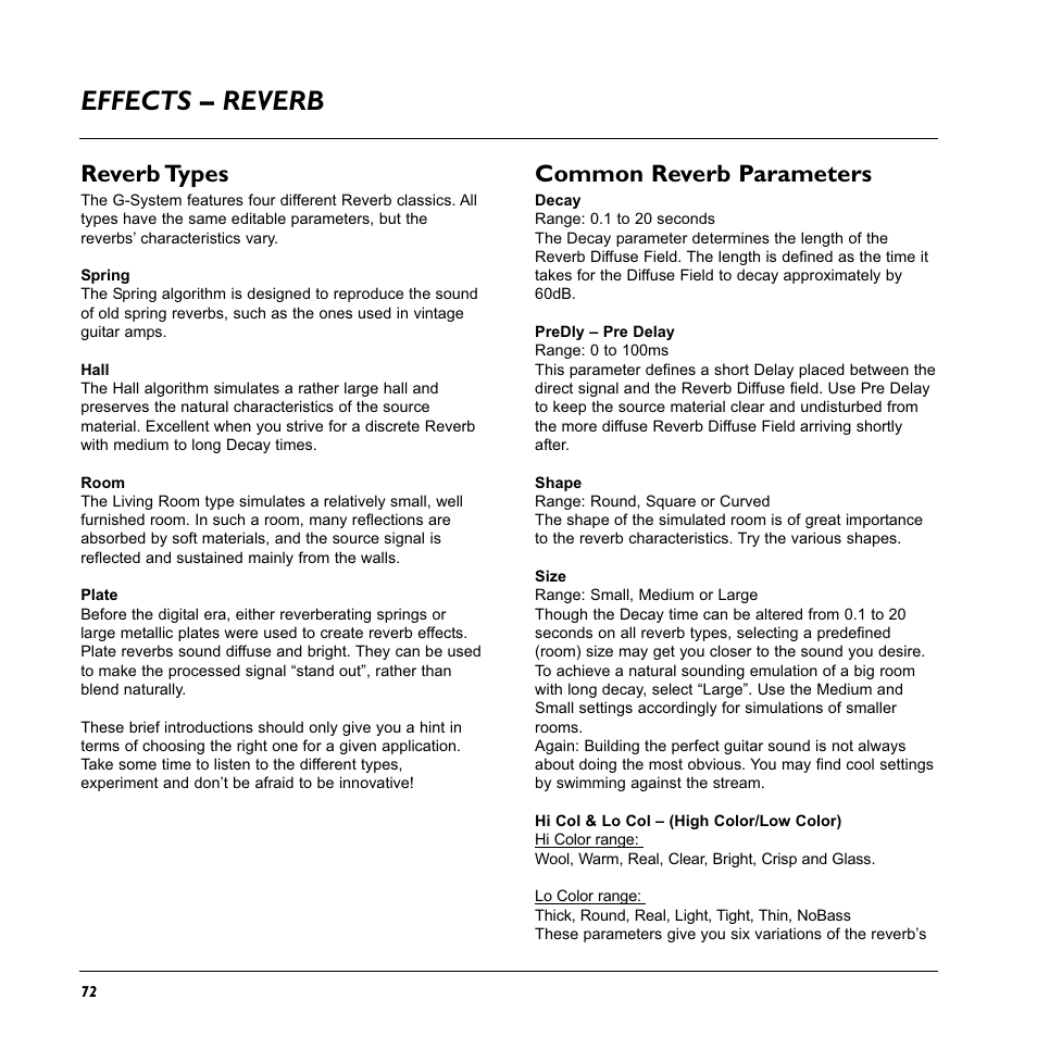 Effects – reverb, Common reverb parameters, Reverb types | TC Electronic G-System User Manual | Page 74 / 81