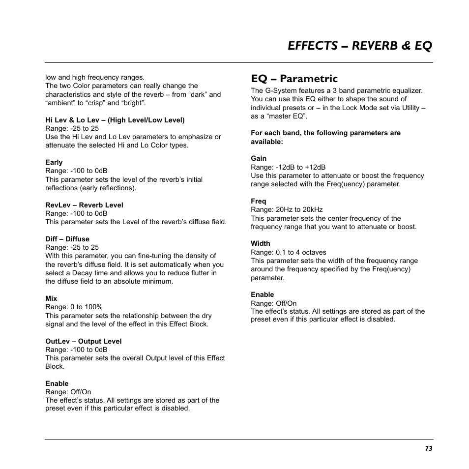 Effects – reverb & eq, Eq – parametric | TC Electronic G-System User Manual | Page 75 / 81