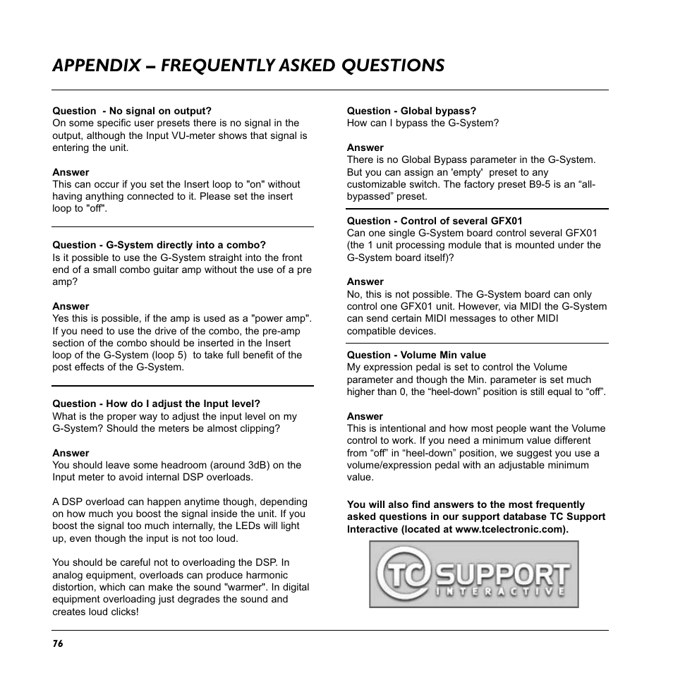 Appendix – frequently asked questions | TC Electronic G-System User Manual | Page 78 / 81