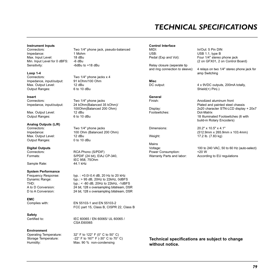 Technical specifications | TC Electronic G-System User Manual | Page 81 / 81