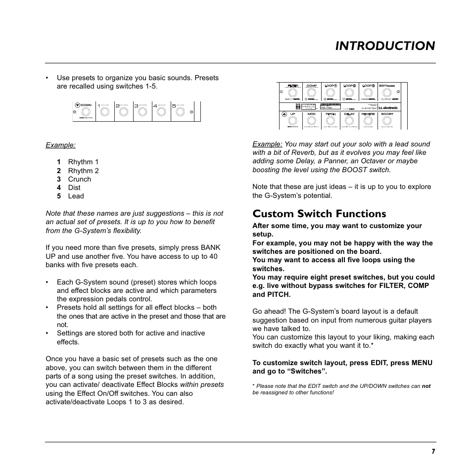 Introduction, Custom switch functions | TC Electronic G-System User Manual | Page 9 / 81