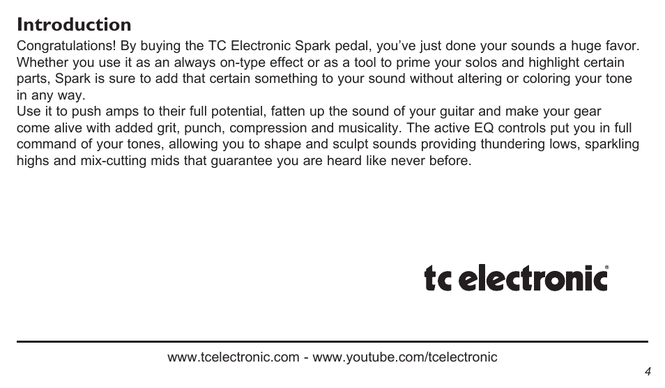 Introduction | TC Electronic Spark Booster User Manual | Page 4 / 10