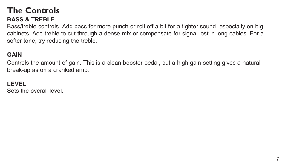 The controls | TC Electronic Spark Booster User Manual | Page 7 / 10