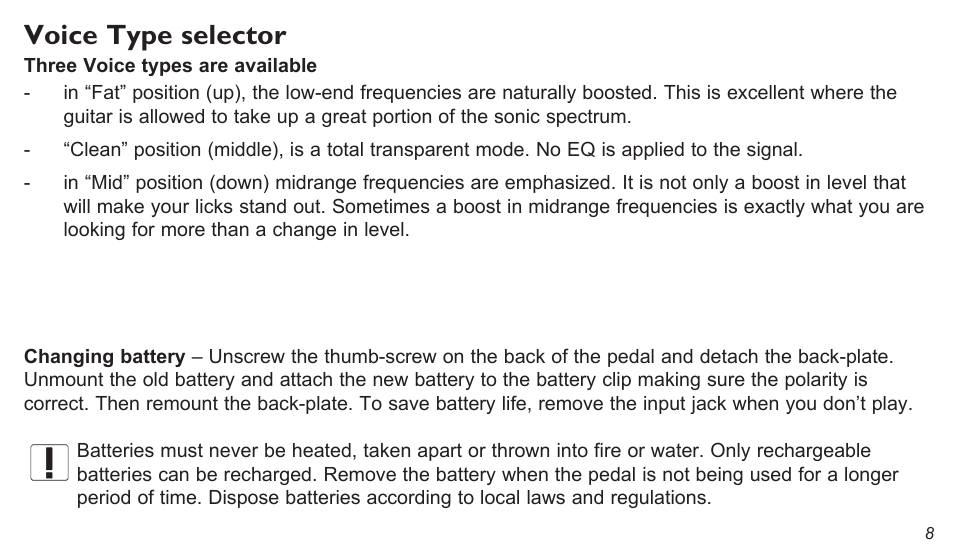 Voice type selector | TC Electronic Spark Booster User Manual | Page 8 / 10