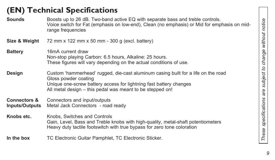 En) technical specifications | TC Electronic Spark Booster User Manual | Page 9 / 10