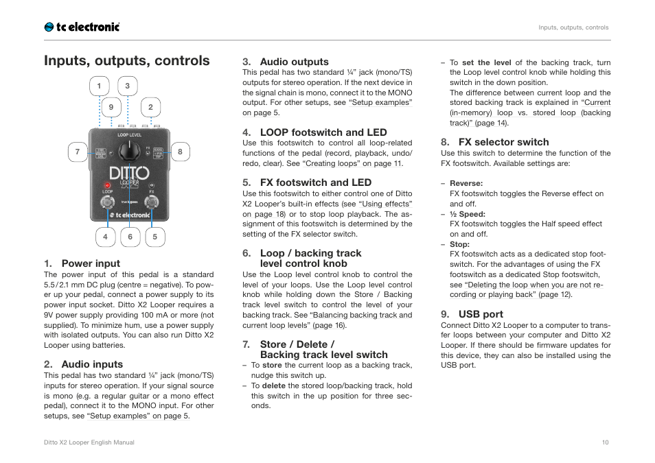 Inputs, outputs, controls, Power input, Audio inputs | Audio outputs, Loop footswitch and led, Fx footswitch and led, Loop / backing track level, Control knob, Store / delete / backing, Track level switch | TC Electronic Ditto X2 Looper User Manual | Page 12 / 26