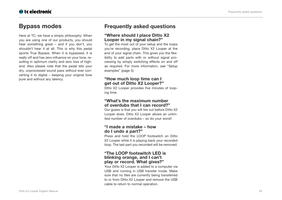 Bypass modes, Frequently asked questions | TC Electronic Ditto X2 Looper User Manual | Page 22 / 26