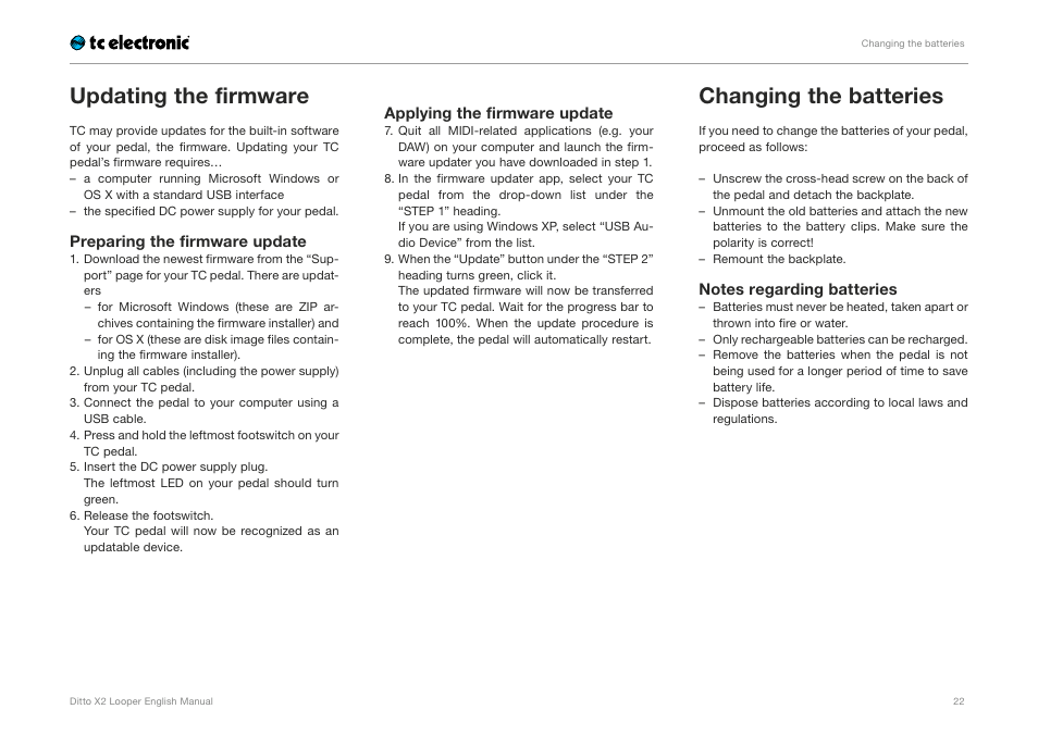 Updating the firmware, Changing the batteries | TC Electronic Ditto X2 Looper User Manual | Page 24 / 26