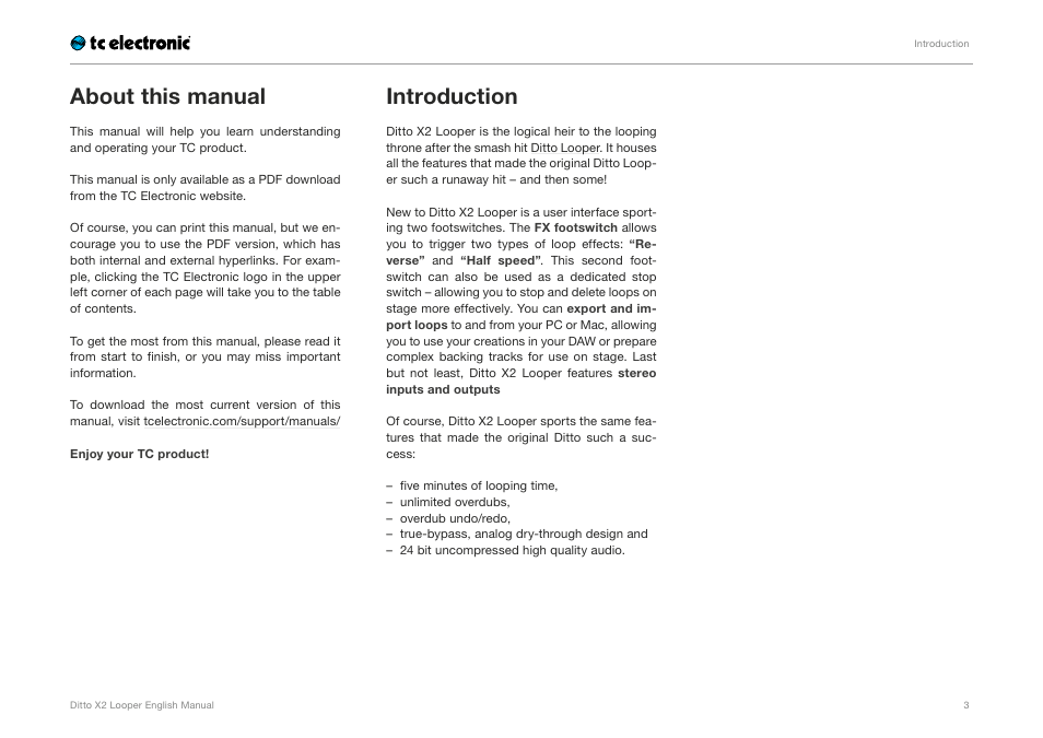 About this manual, Introduction | TC Electronic Ditto X2 Looper User Manual | Page 5 / 26
