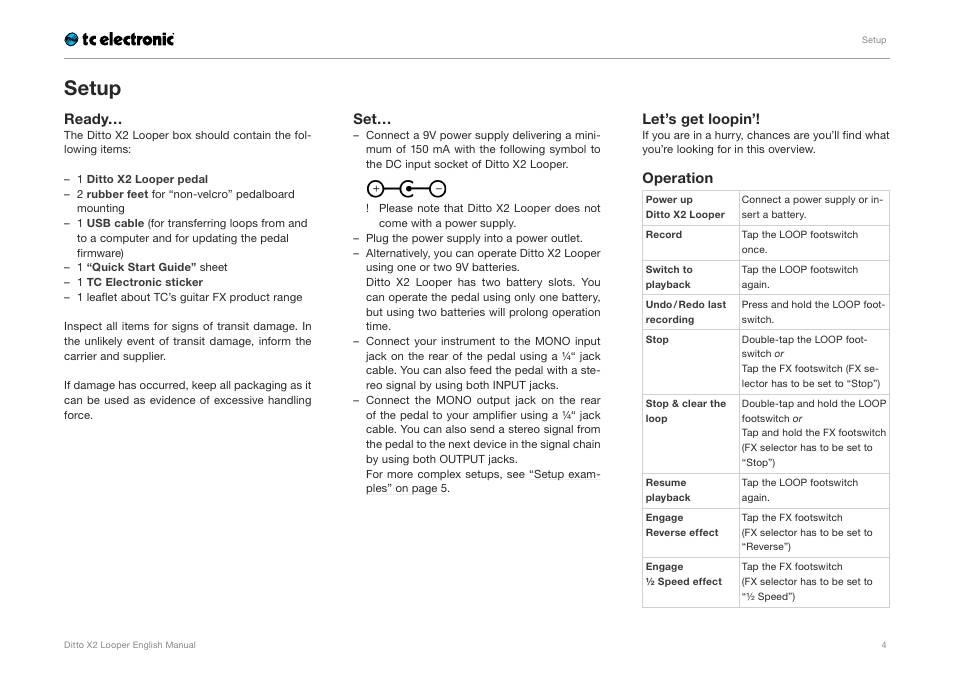 Setup | TC Electronic Ditto X2 Looper User Manual | Page 6 / 26