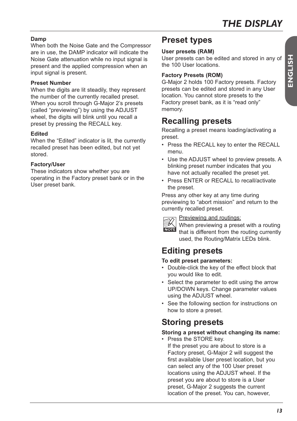 The display, Preset types, Recalling presets | Editing presets, Storing presets | TC Electronic G-Major 2 User Manual | Page 14 / 55