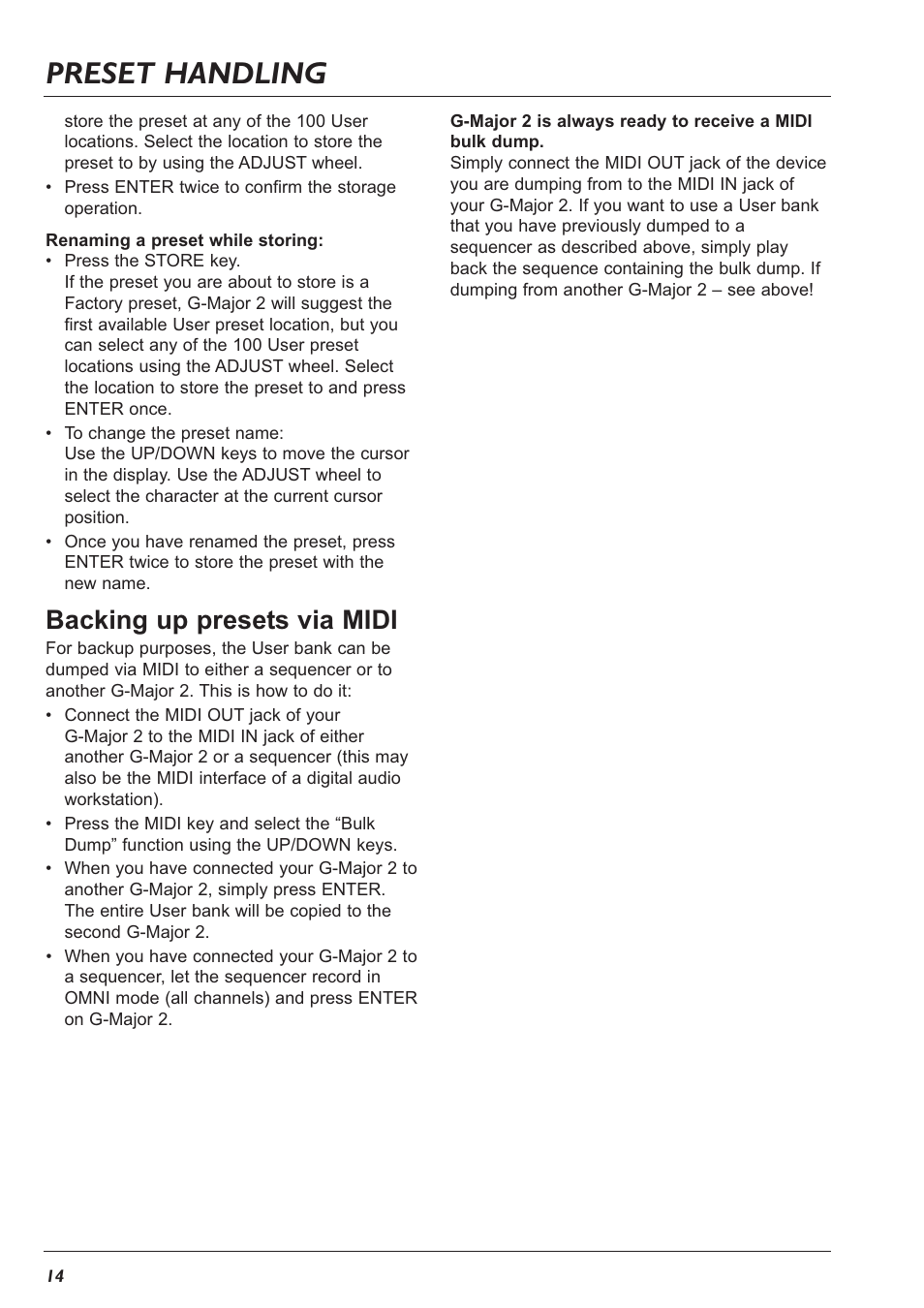 Preset handling, Backing up presets via midi | TC Electronic G-Major 2 User Manual | Page 15 / 55