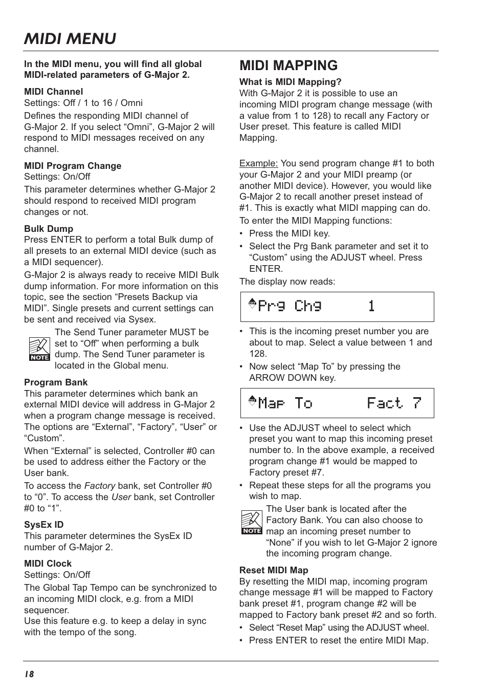 Midi menu, Midi mapping | TC Electronic G-Major 2 User Manual | Page 19 / 55