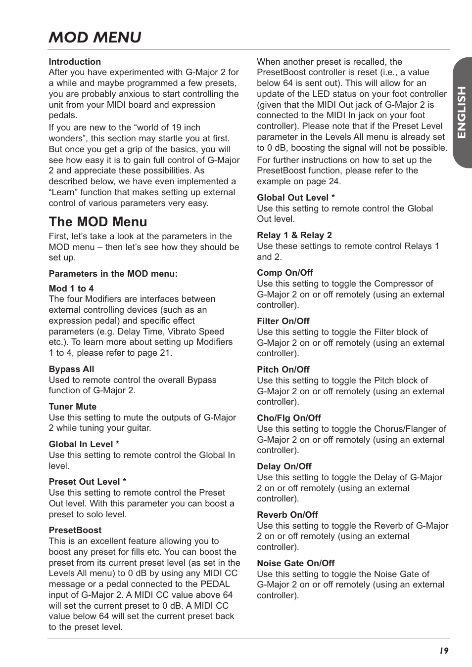 Mod menu, The mod menu, En g l is h | TC Electronic G-Major 2 User Manual | Page 20 / 55