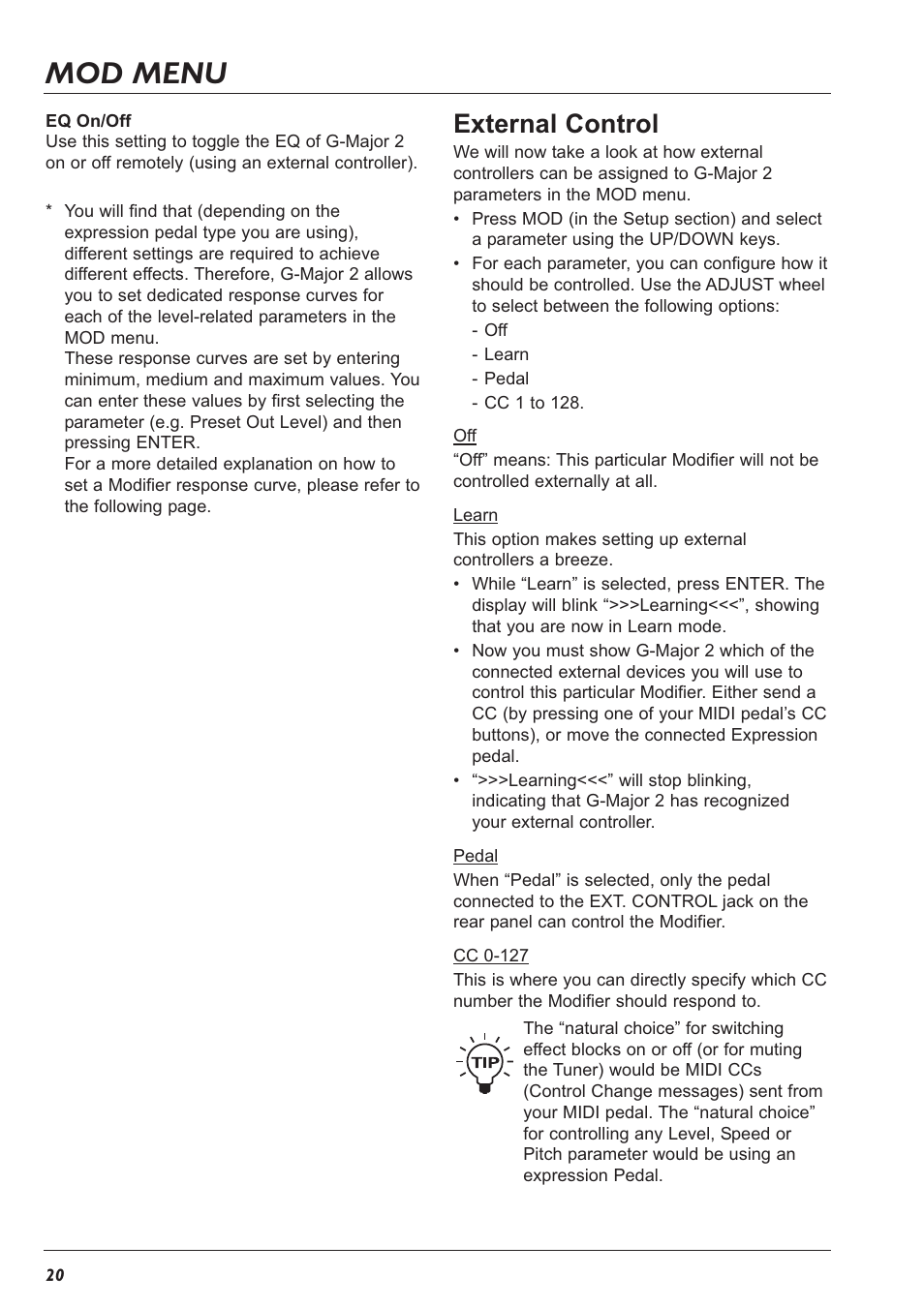 Mod menu, External control | TC Electronic G-Major 2 User Manual | Page 21 / 55