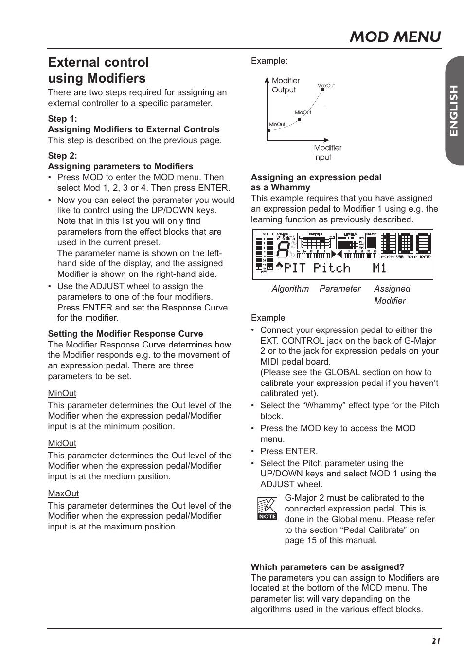 Mod menu, External control using modifiers | TC Electronic G-Major 2 User Manual | Page 22 / 55