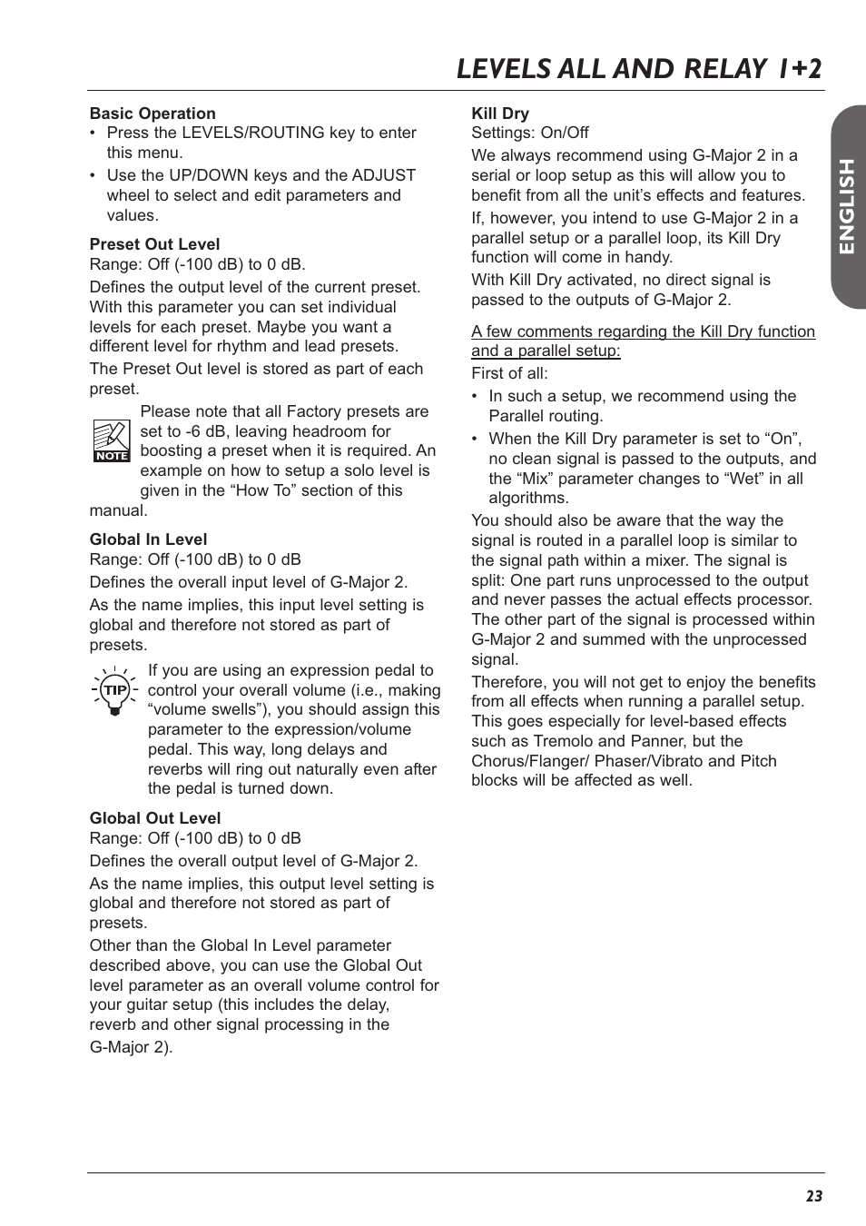Levels all and relay 1+2, En g l is h | TC Electronic G-Major 2 User Manual | Page 24 / 55