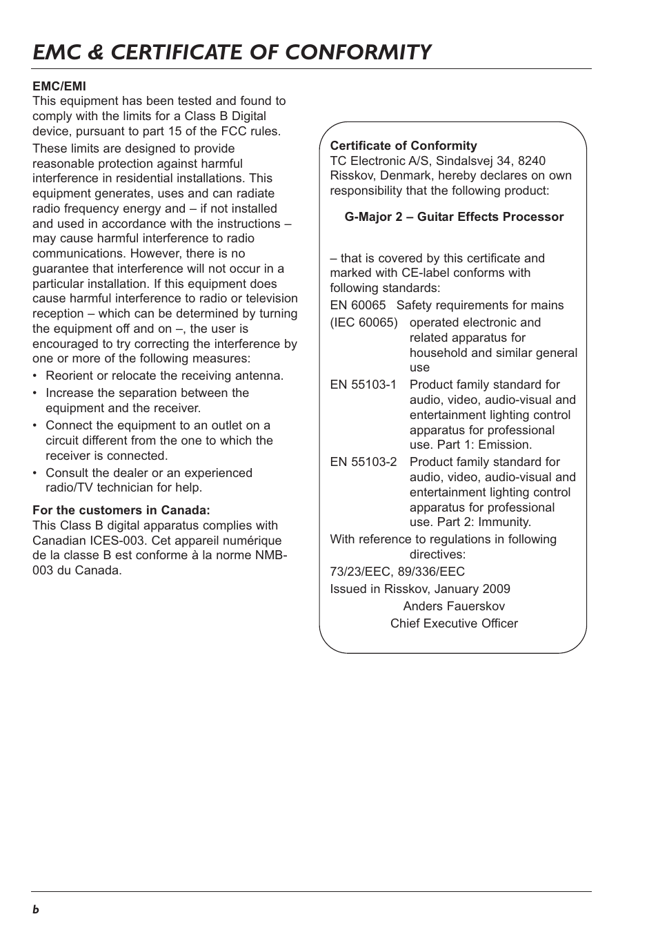 Emc & certificate of conformity | TC Electronic G-Major 2 User Manual | Page 3 / 55