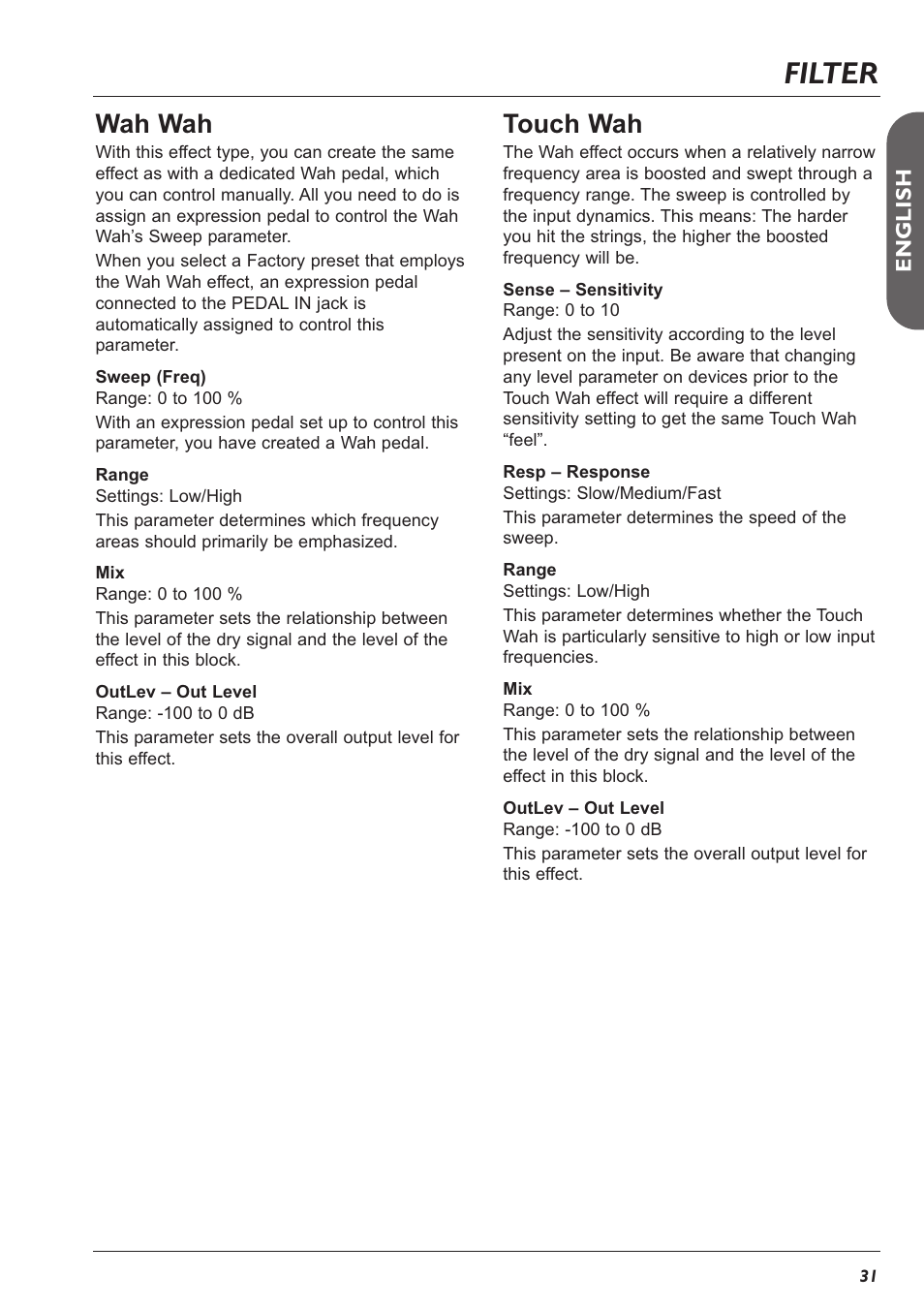 Filter, Wah wah, Touch wah | TC Electronic G-Major 2 User Manual | Page 32 / 55