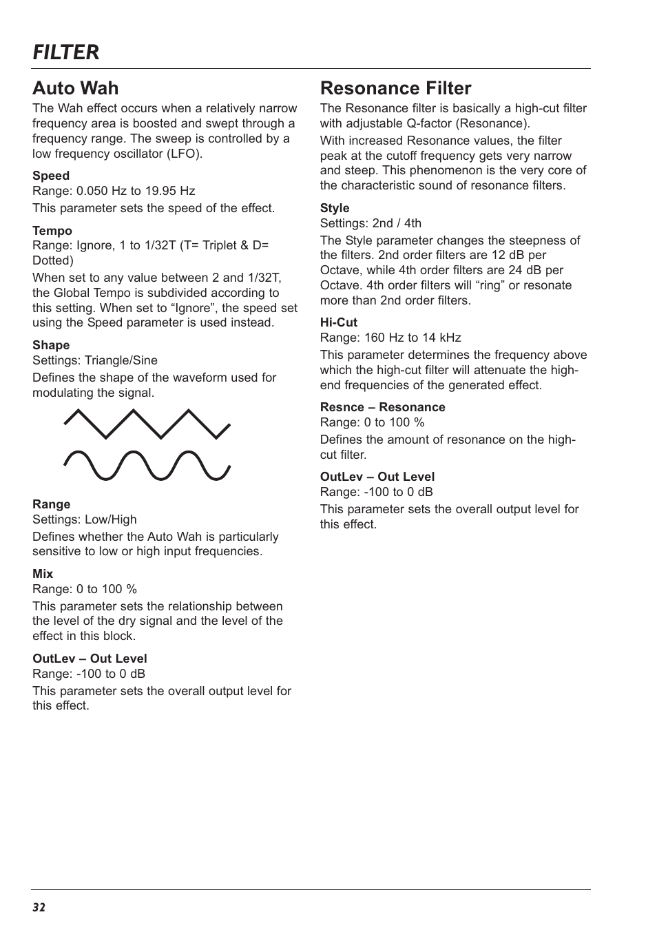 Filter, Auto wah, Resonance filter | TC Electronic G-Major 2 User Manual | Page 33 / 55