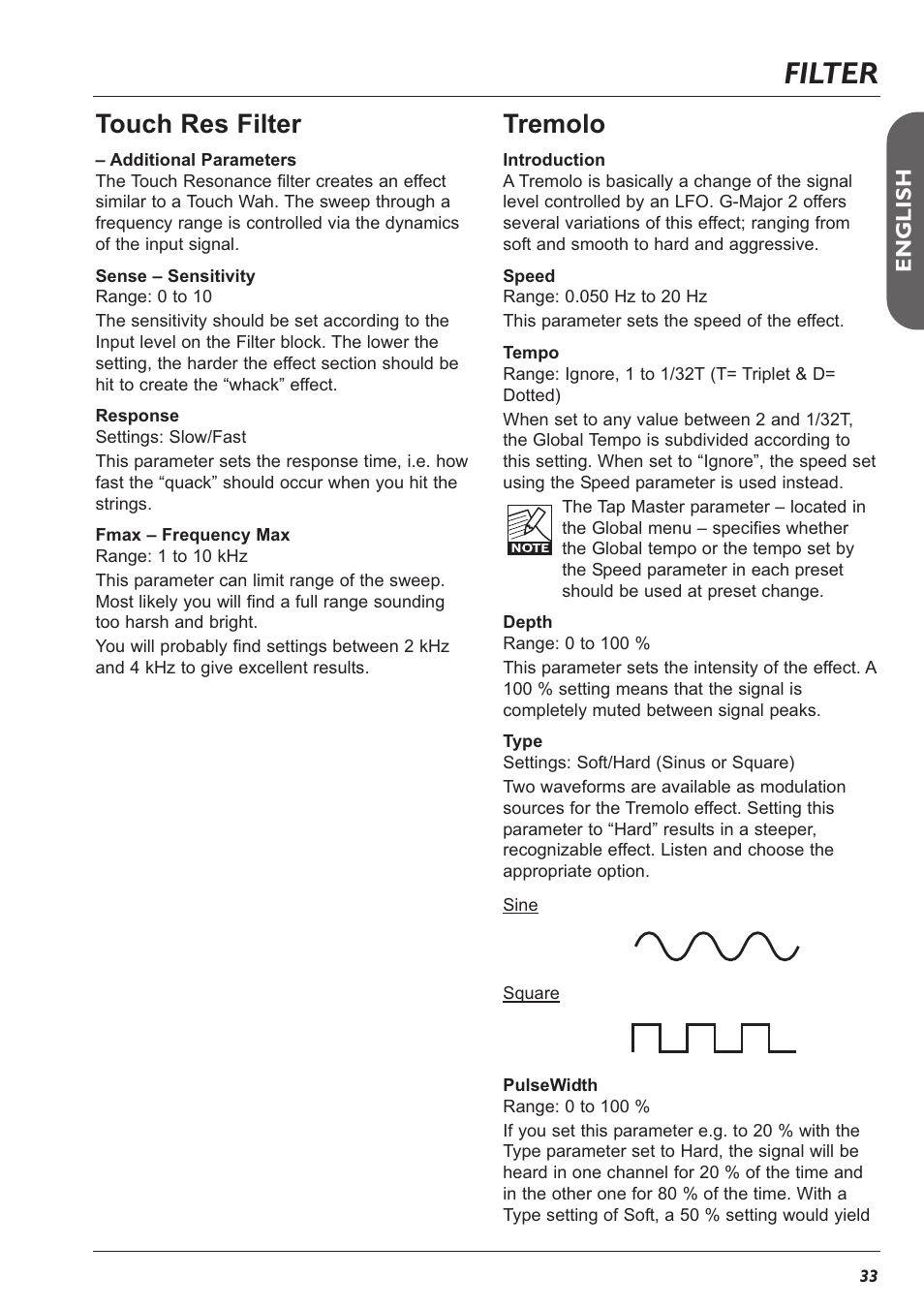 Filter, Touch res filter, Tremolo | En g l is h | TC Electronic G-Major 2 User Manual | Page 34 / 55