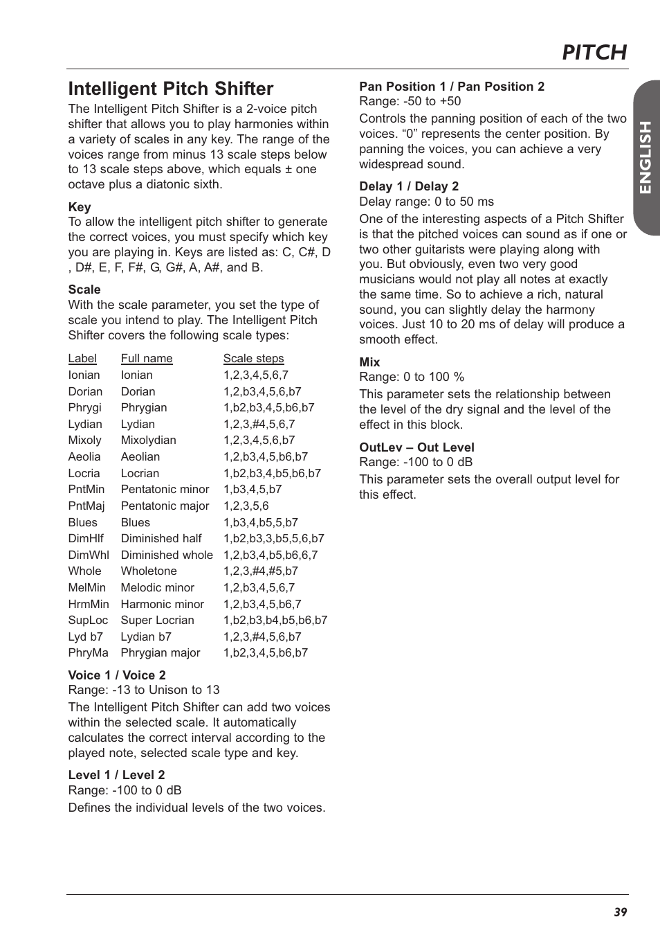 Pitch, Intelligent pitch shifter, En g l is h | TC Electronic G-Major 2 User Manual | Page 40 / 55