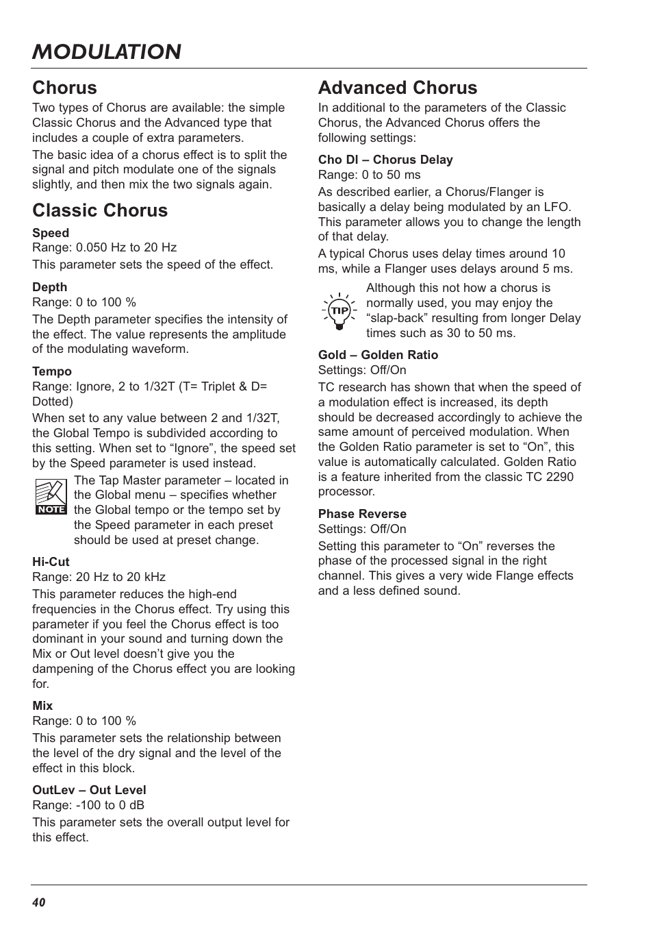 Modulation, Chorus, Classic chorus | Advanced chorus | TC Electronic G-Major 2 User Manual | Page 41 / 55