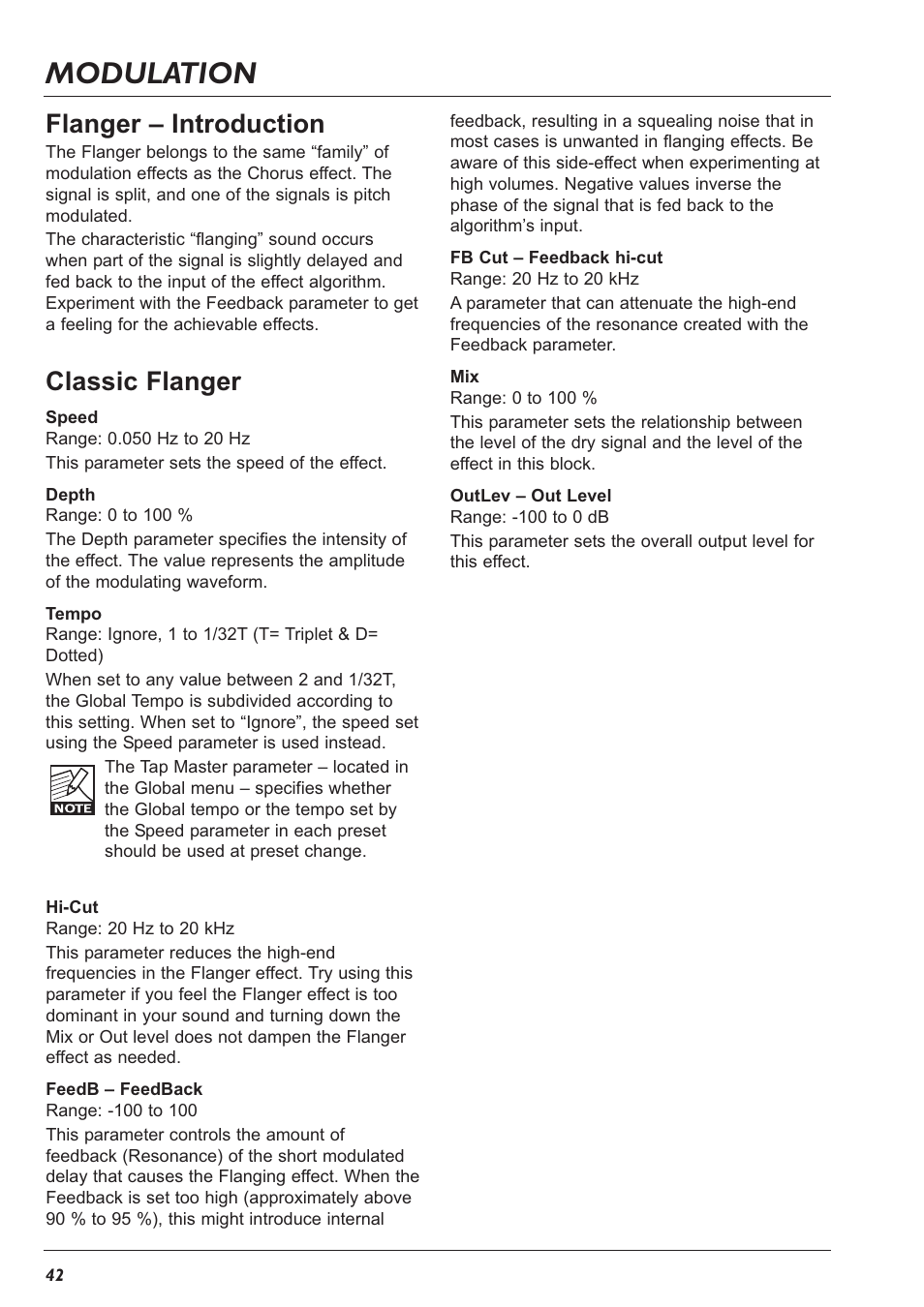 Modulation, Flanger – introduction, Classic flanger | TC Electronic G-Major 2 User Manual | Page 43 / 55