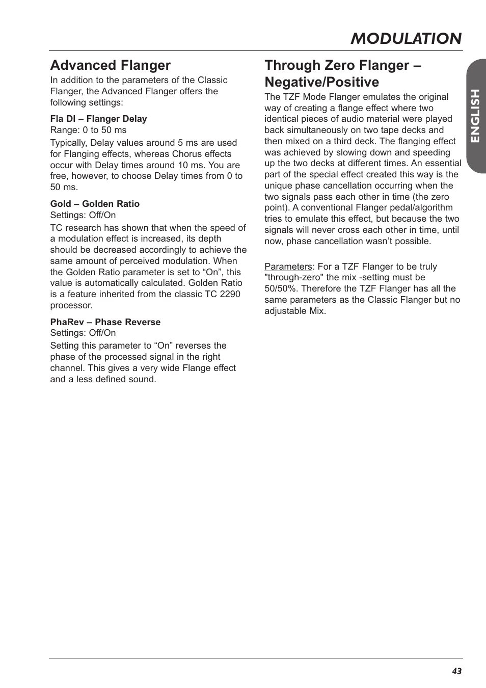 Modulation, Advanced flanger, Through zero flanger – negative/positive | TC Electronic G-Major 2 User Manual | Page 44 / 55