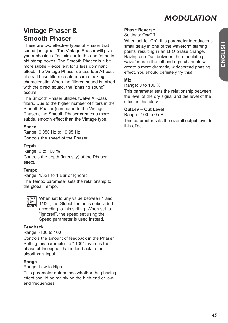 Modulation, Vintage phaser & smooth phaser | TC Electronic G-Major 2 User Manual | Page 46 / 55