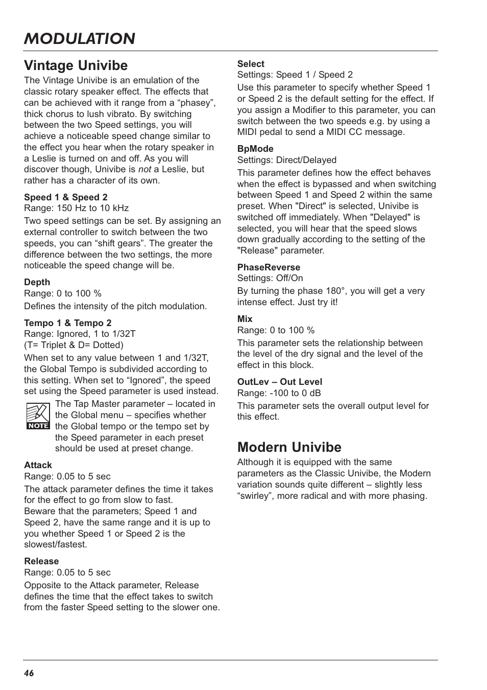 Modulation, Vintage univibe, Modern univibe | TC Electronic G-Major 2 User Manual | Page 47 / 55