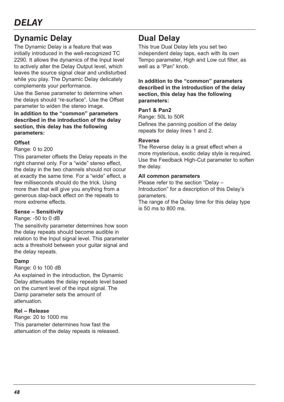 Delay, Dynamic delay, Dual delay | TC Electronic G-Major 2 User Manual | Page 49 / 55