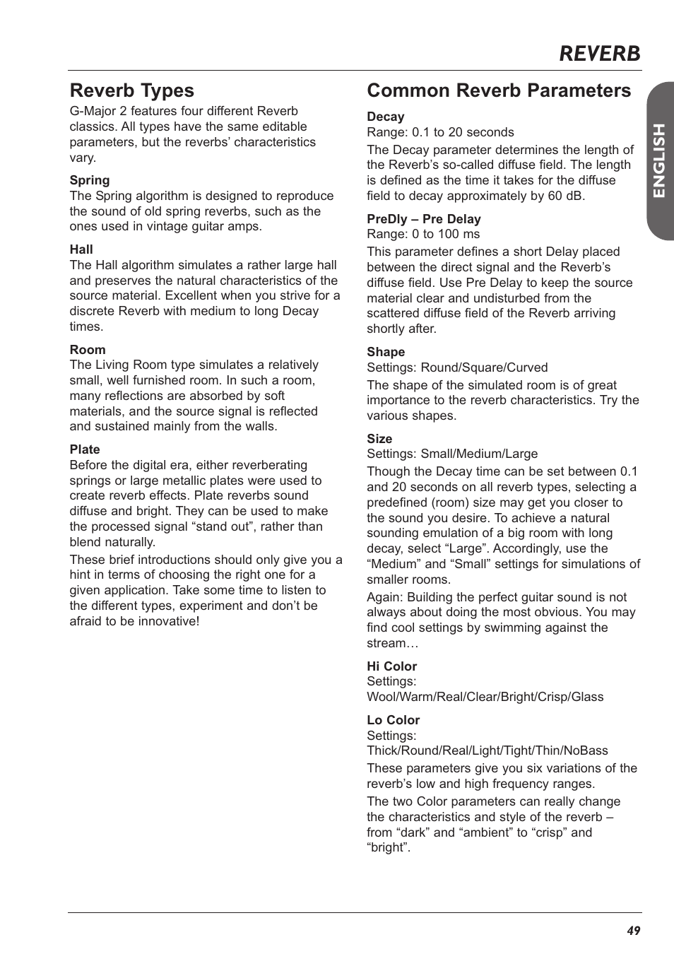 Reverb, Reverb types, Common reverb parameters | TC Electronic G-Major 2 User Manual | Page 50 / 55