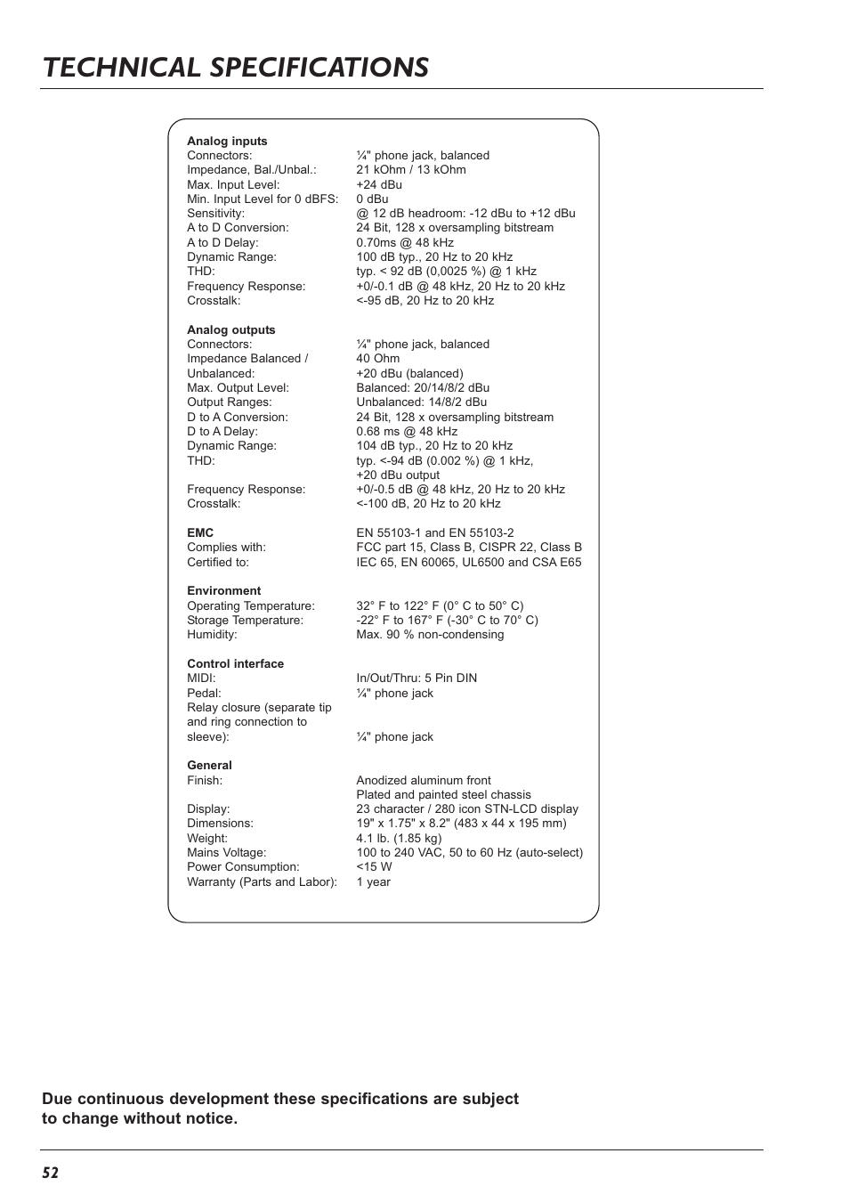 Technical specifications | TC Electronic G-Major 2 User Manual | Page 53 / 55