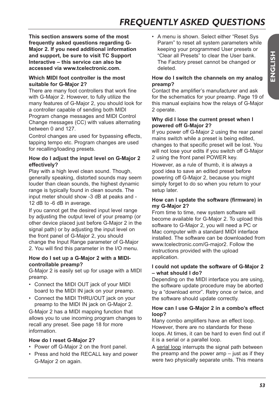 Frequently asked questions, En g l is h | TC Electronic G-Major 2 User Manual | Page 54 / 55