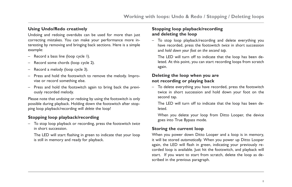 Using undo/redo creatively, Stopping loop playback/recording, Storing the current loop | Deleting the loop, Storing the loop | TC Electronic Ditto Looper User Manual | Page 10 / 12