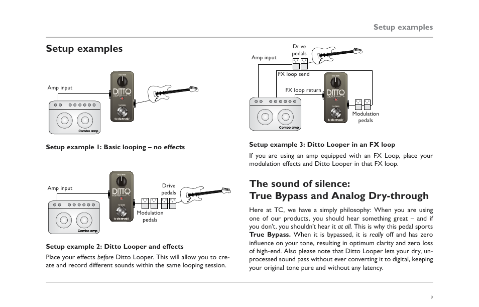 Setup examples, True bypass and analog dry-through | TC Electronic Ditto Looper User Manual | Page 11 / 12